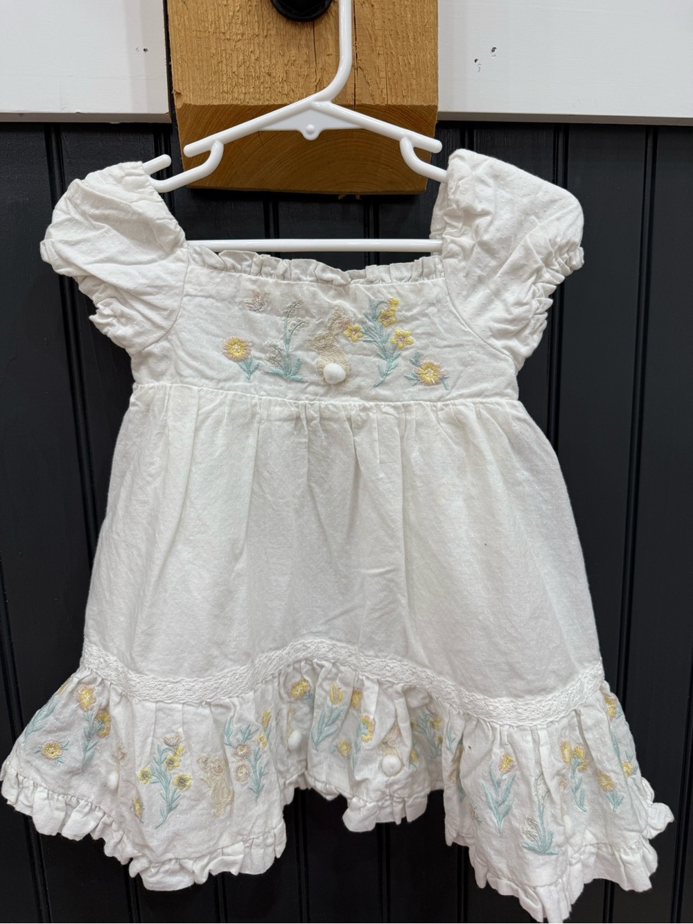 Christian Siriano White Cotton Dress with Yellow & Green Embroidery